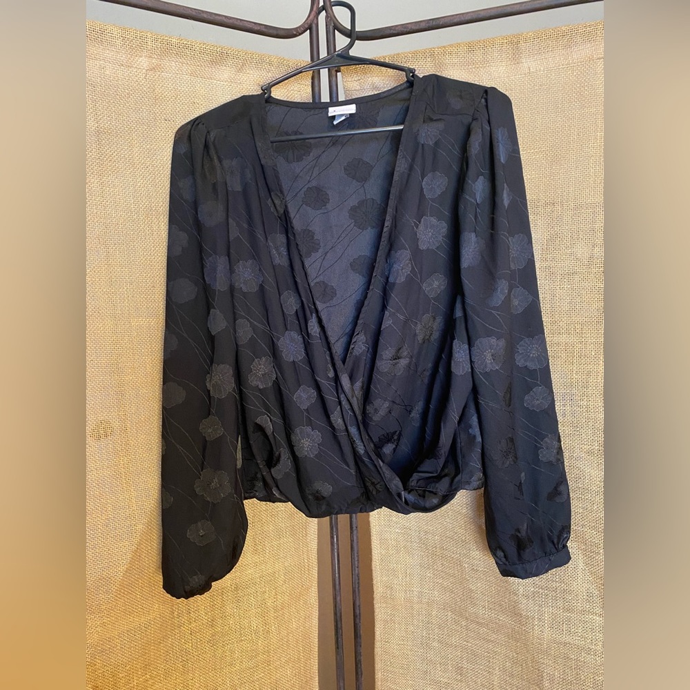 Silky Floral Embossed Faux Wrap Top